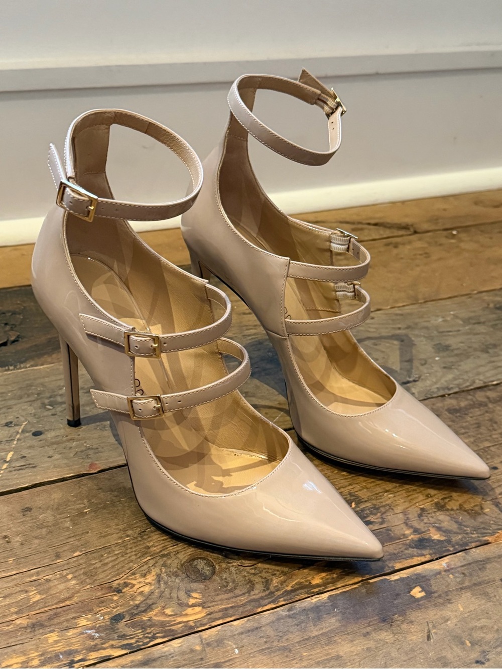 Tamara Mellon Nude Patent Triple-Strap Pointed-Toe Pumps